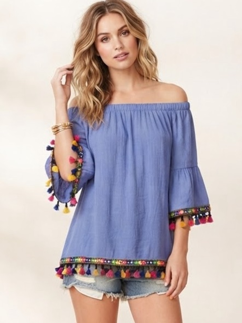 South Main Boho Off-The-Shoulder Tassel Top Blue Fiesta Festival Size Large L